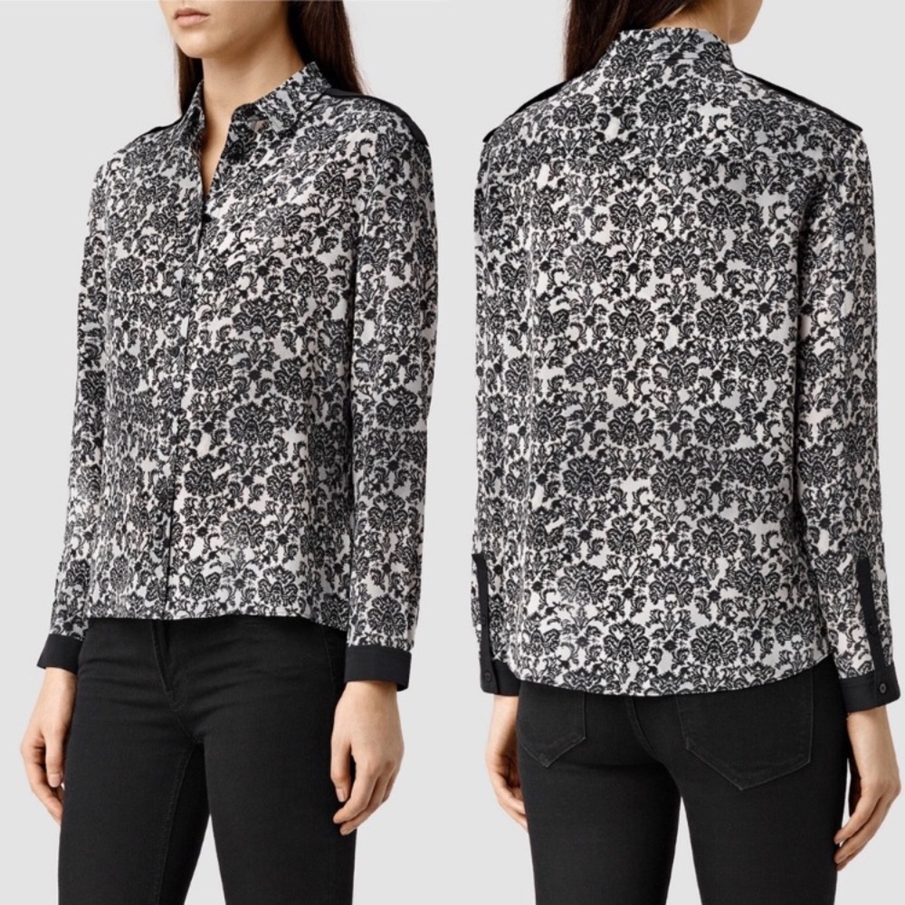 All Saints 100% Silk Black & White Button Down Preppy Light Academia Maximalism